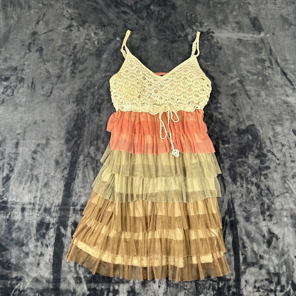 Chesley Tiered Ruffle Mini Dress Womens Medium Multicolor Crochet Lace Boho